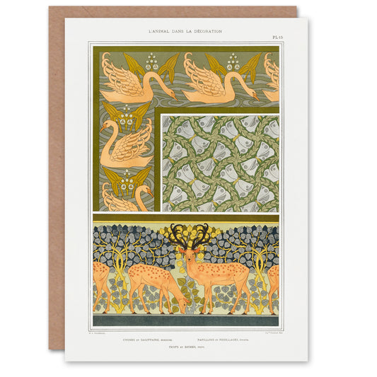 Maurice Pillard Verneuil Swans Butterflies and Deer Patterns Greetings Card