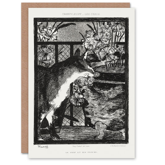 Edouard Manet Black White Cat and Flowers Greetings Card