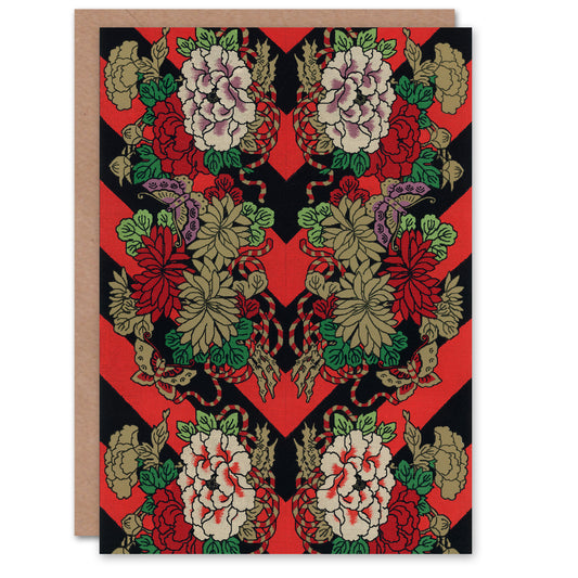 G A Audsley Art Card Japanese Red Fan Floral Pattern