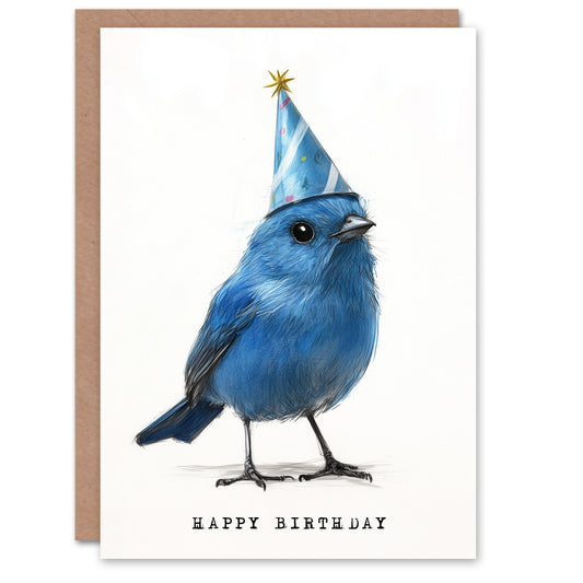 Cute Blue Bird With a Party Hat Painting Birthday Card