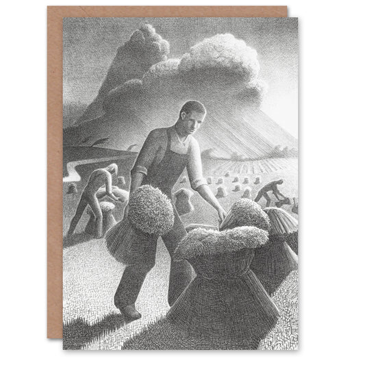 Grant Wood Art Card Approaching Storm in Wheat Farm