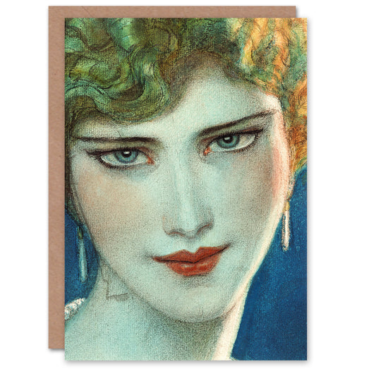 W T Benda Art Card Face of Blonde Girl with Earrings Painting