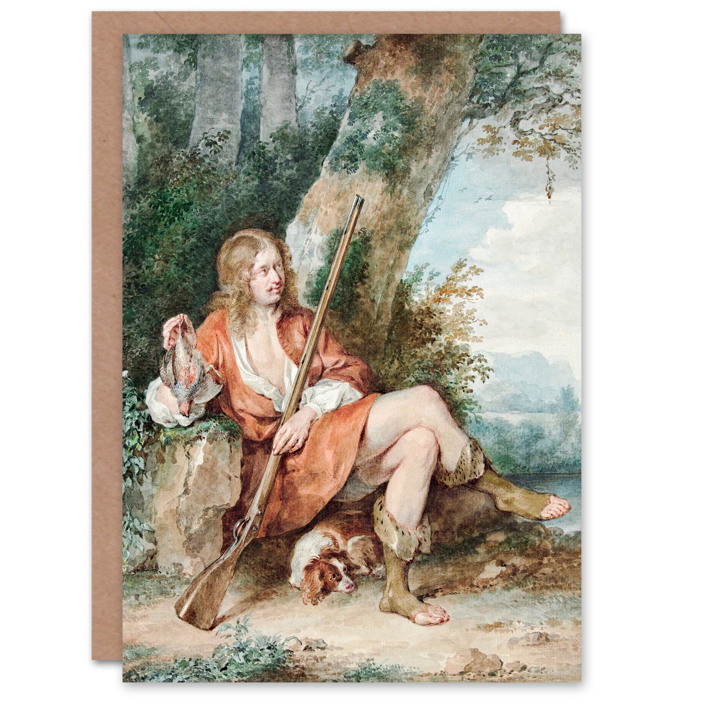 Aert Schouman Art Card Resting Hunter with Partridge by a Tree