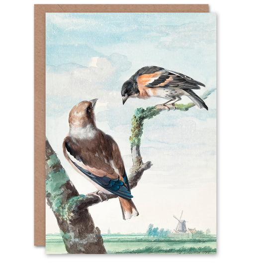 Aert Schouman Art Card Two Hawfinch Birds in Rural Landscape