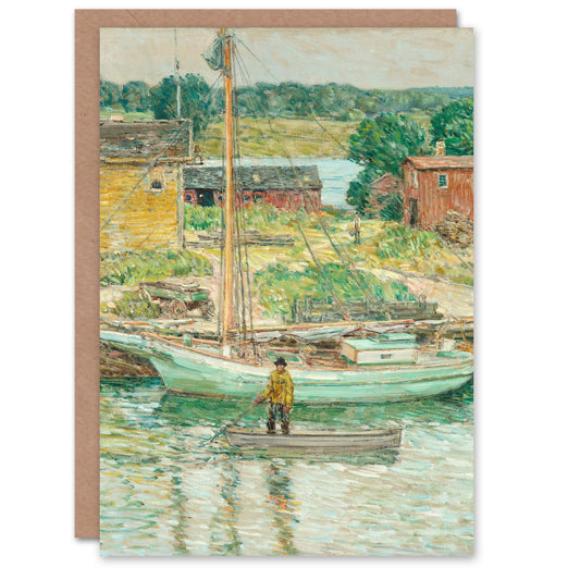 Childe Hassam Art Card Oyster Sloop Sailboat in Cos Cob Harbour
