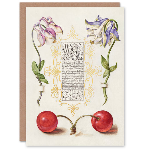 Model Book of Calligraphy Art Card Columbines and Sweet Cherries