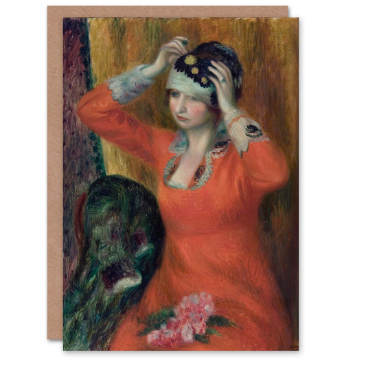 William James Glackens Art Card Girl in Red Dress Pinning on Hat