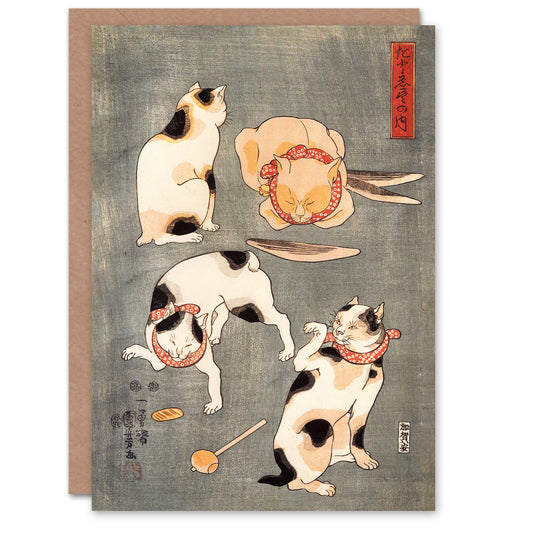 Utagawa Kuniyoshi Art Card Four Cats in Different Poses