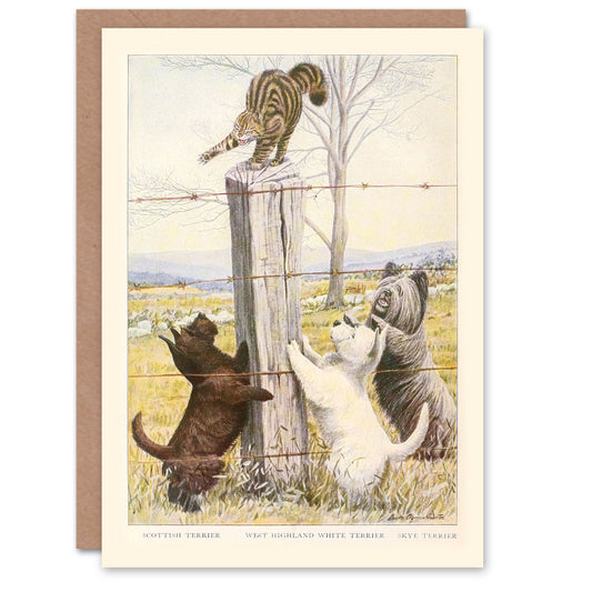 The Book of Dogs Art Card Terrier Breeds Chasing A Cat