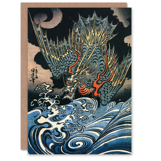 Kuniyoshi Art Card Dragon Flying Above Turbulent Waves
