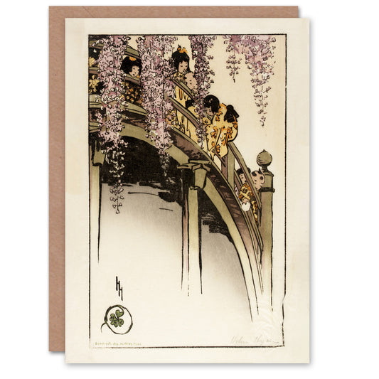 Helen Hyde Children on The Moon Bridge at Kameido Art Greeting Card