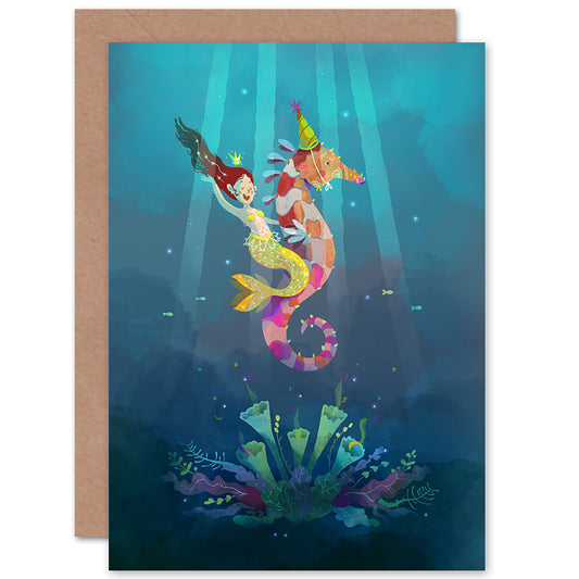 Mermaid Yellow Seahorse Kids Birthday Birthday Card