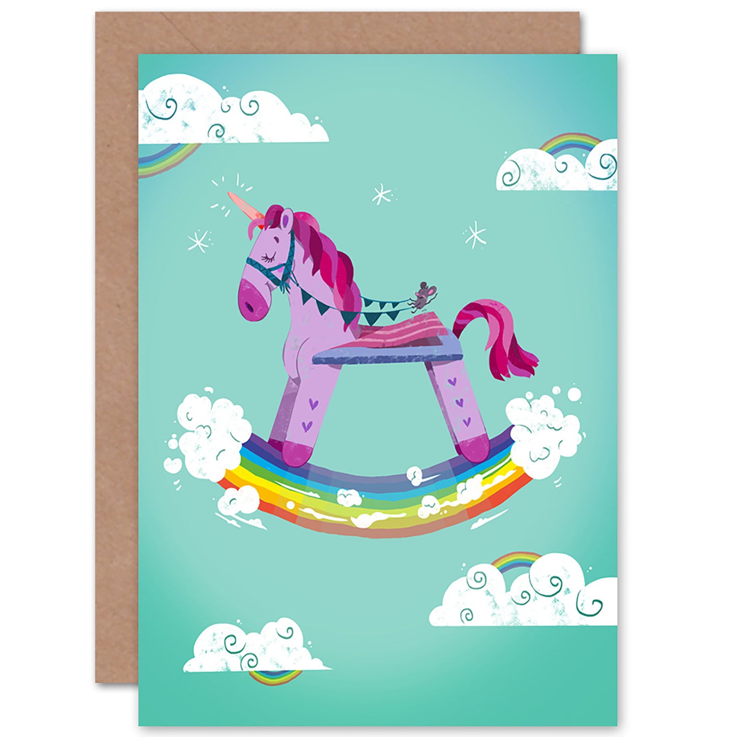 Rocking Unicorn Rainbow Birthday Card
