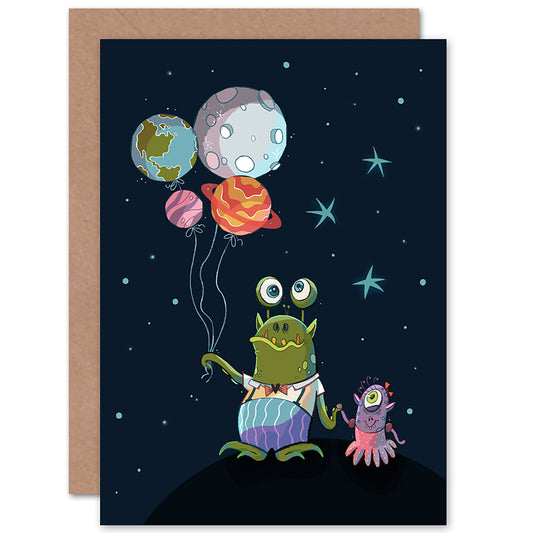 Aliens Space Planet Balloons Birthday Card