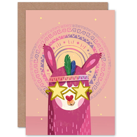Pink Llama Teen Girl Star Sunglasses Groovy Design Kids Birthday Card