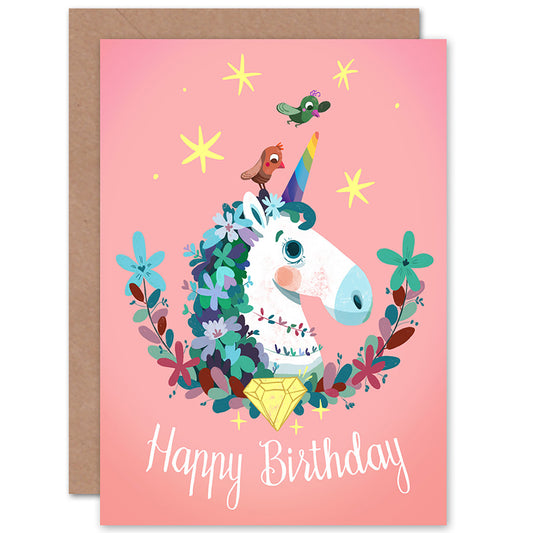 Cute Unicorn Flowers Cartoon Birthday Card