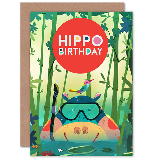 Jungle Cute Hippo Cartoon Birthday Card
