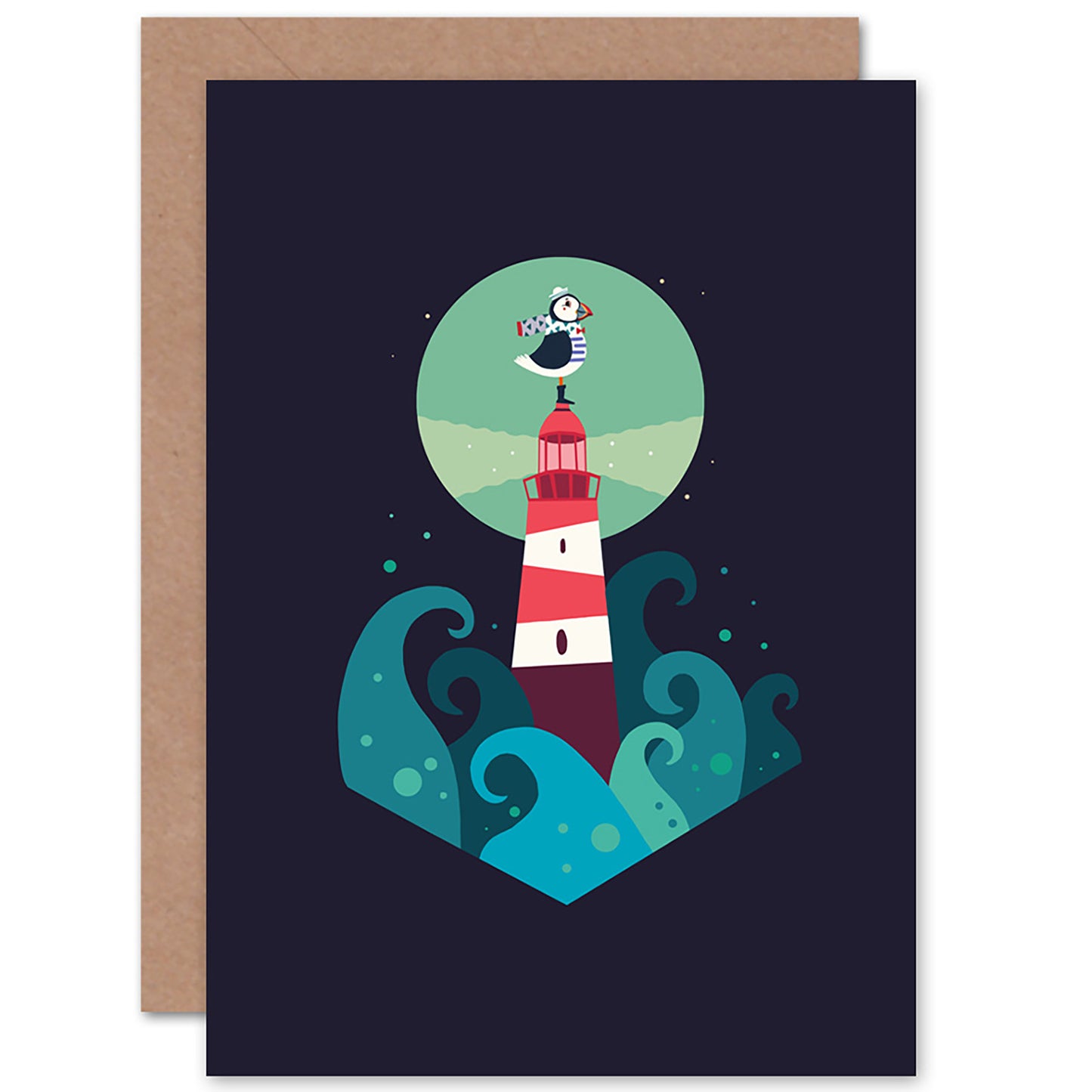 Nautical Lighthouse Cute Sea Waves Puffin Good Bye Card