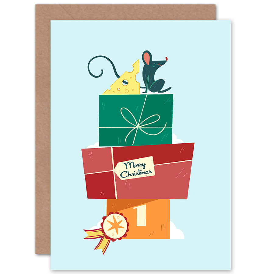 Cute Mouse with Gifts Illustration Christmas Card