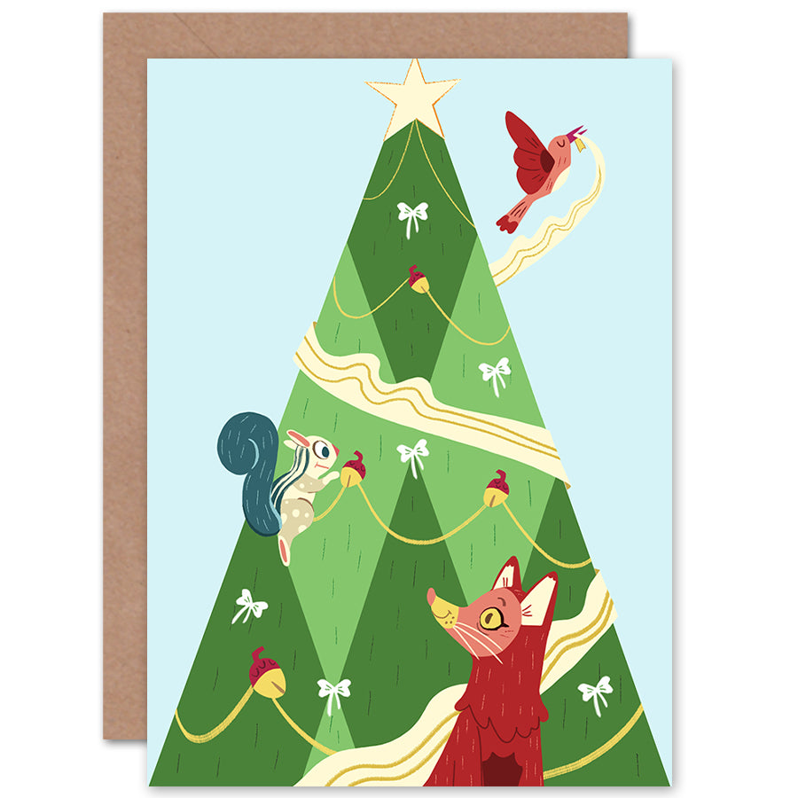 Cute Fox Squirrel Bird Illustration Christmas Card