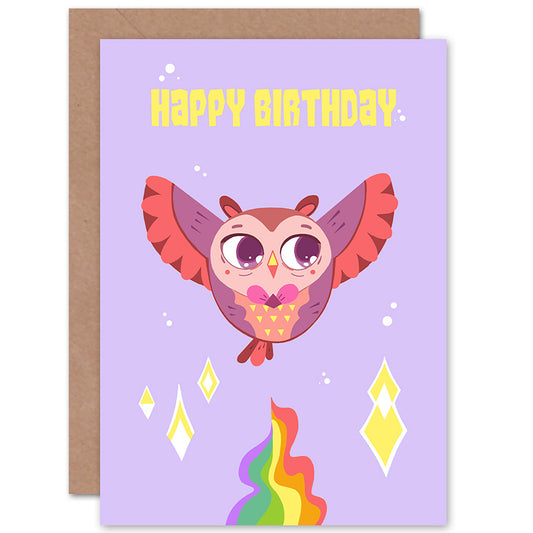 Kawaii Cute Flying Pink Owl Birthday Card