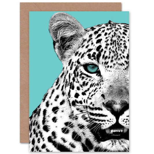 Leopard Head Close Up Photo Turquoise Animal Greetings Card
