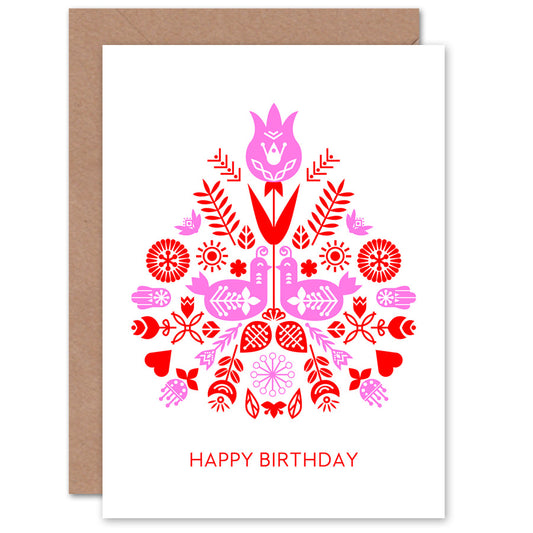 Scandi Style Floral Pattern Red Pink Birthday Card