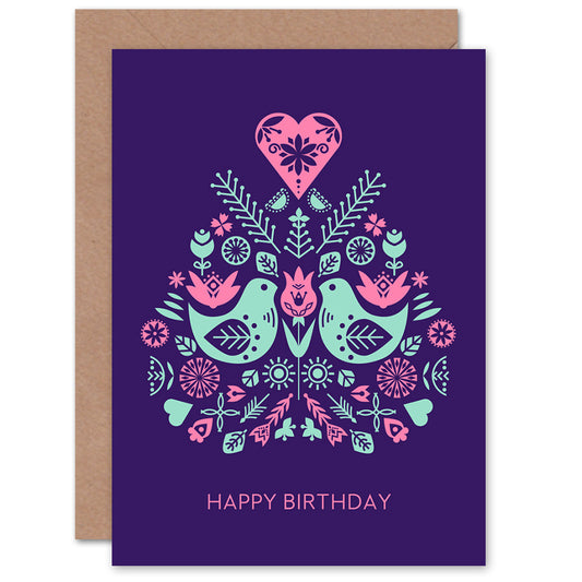Scandi Style Flowers Birds Purple Birthday Card