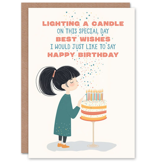 Birthday Card Girl With Cake Lighting Candle Best Wishes Poem