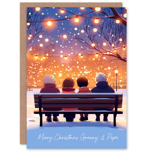 Christmas Card With Grandparents Under A Canopy Of String Lights