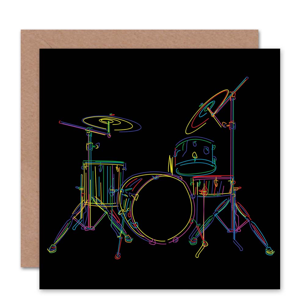 Drum Set Music Colourful Illustration Black Greeting Card