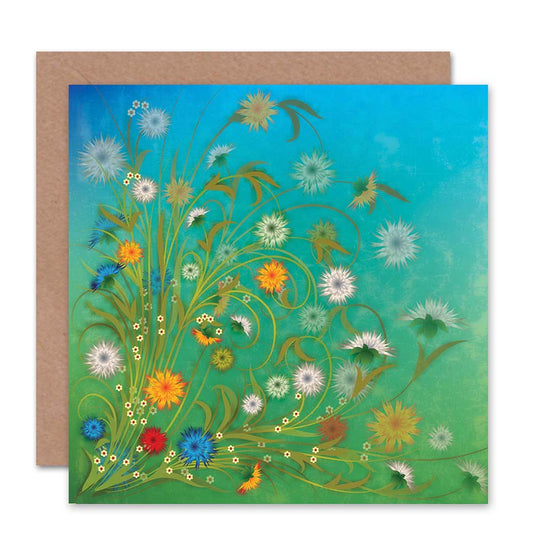 Flowers Colourful Blue Sky Grass Art Greeting Card