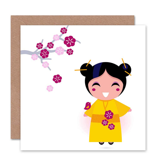 Japanese Geisha Cherry Blossom Kimono Greeting Card