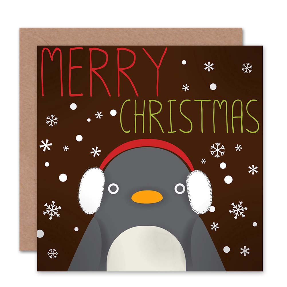 Cute Penguin In Earmuffs Snow Cartoon Christmas Card