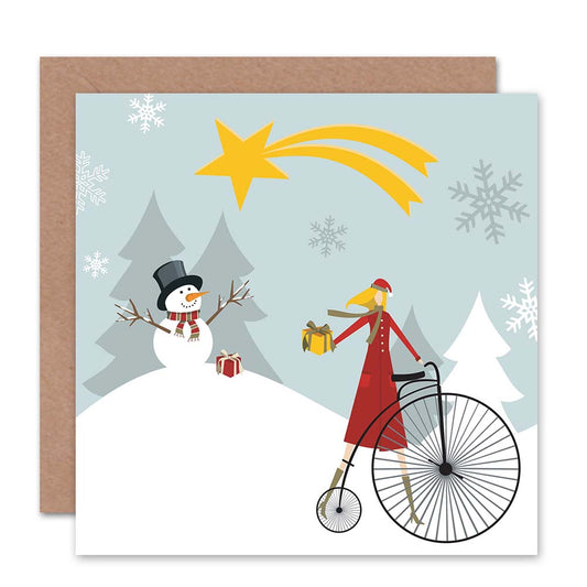 Snowman Shooting Star Bicycle Girl Christmas Card