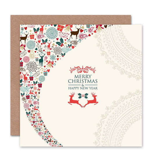 Festive Pattern Deer Mistletoe Gift Bells New Year and Christmas Card