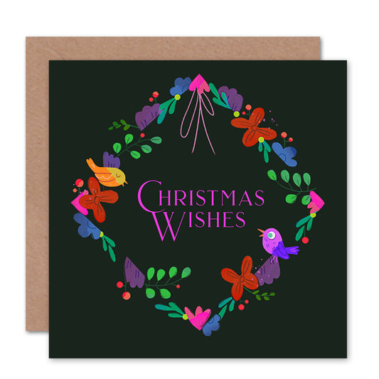 Xmas Wishes Colourful Wreath Birds Butterflies Christmas Card