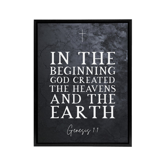 Genesis 1 GOD Created Heavens Earth Bible Quote Black Framed Canvas Art