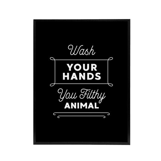 Funny Bathroom Decor Wash Hands Black Black Framed Canvas Wall Art Print