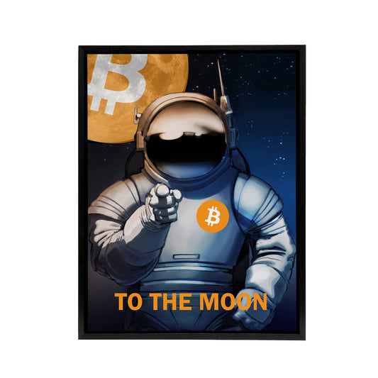 Bitcoin To Moon Crypto Astronaut Black Framed Canvas Wall Art Print