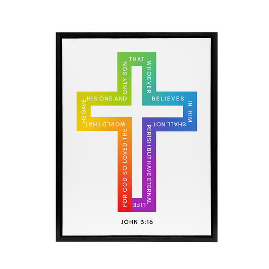 John 3:16 God So Loved The World Colourful Cross Black Framed Canvas Wall Art