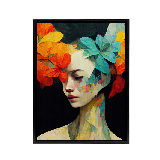 Floral Feminine Abstract Portrait Black Framed Canvas Wall Art Print