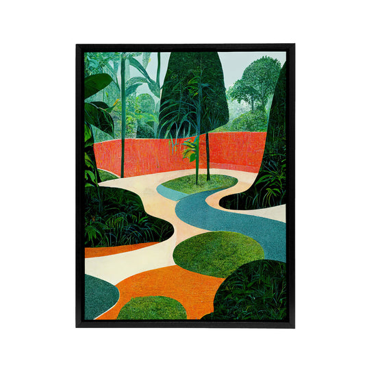 Mid Century Style Abstract Garden Black Framed Canvas Wall Art Print