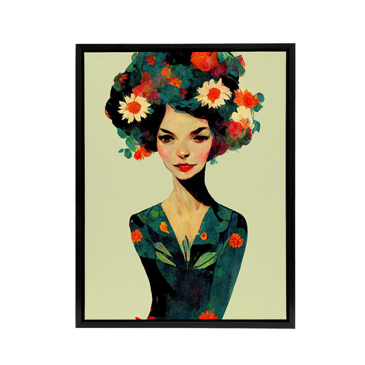 Floral Female Portrait Black Framed Canvas Wall Art Print
