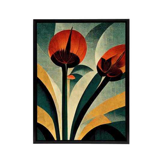 Abstract Art Deco Flowers Floral Black Framed Canvas Wall Art Print