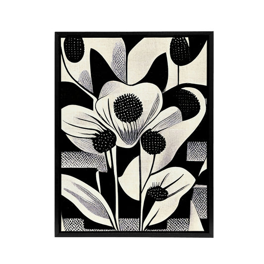 Abstract Flowers Floral Black White Black Framed Canvas Wall Art Print