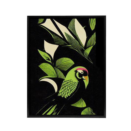 Jungle Leaves With Parrot Black Framed Canvas Wall Art Print