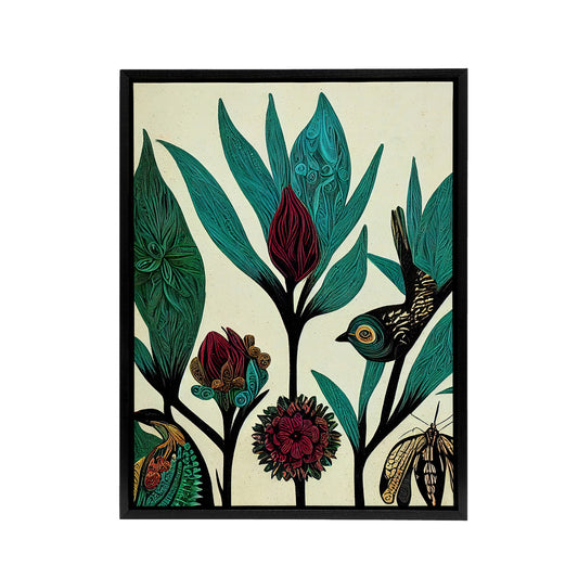 Folk Art Flowers Birds Black Framed Canvas Wall Art Print