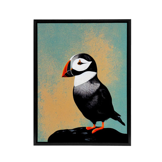 Cute Puffin Bird On Rock Black Framed Canvas Wall Art Print
