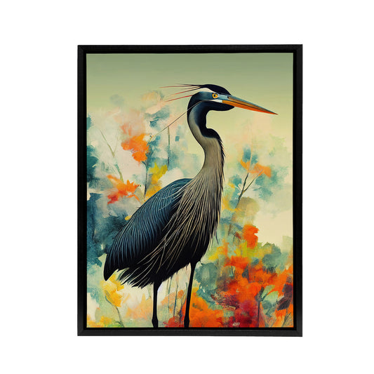 Heron Bird In Flower Field Black Framed Canvas Wall Art Print